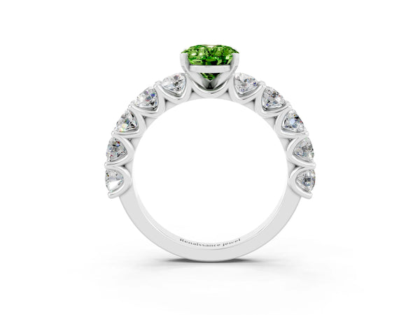 Silver Oval Cut Peridot Prong Setting with Side Stones on a Pave Band