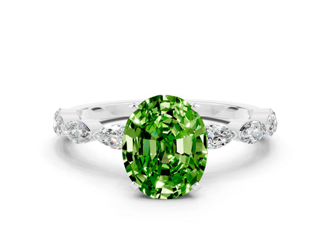 White gold Oval Cut Peridot Ring with Marquise Side Stones and Prong Setting