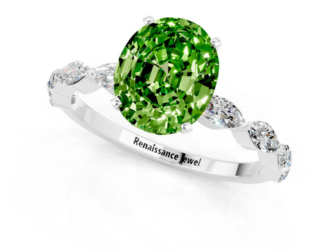 White gold Oval Cut Peridot Ring with Marquise Side Stones and Prong Setting_1