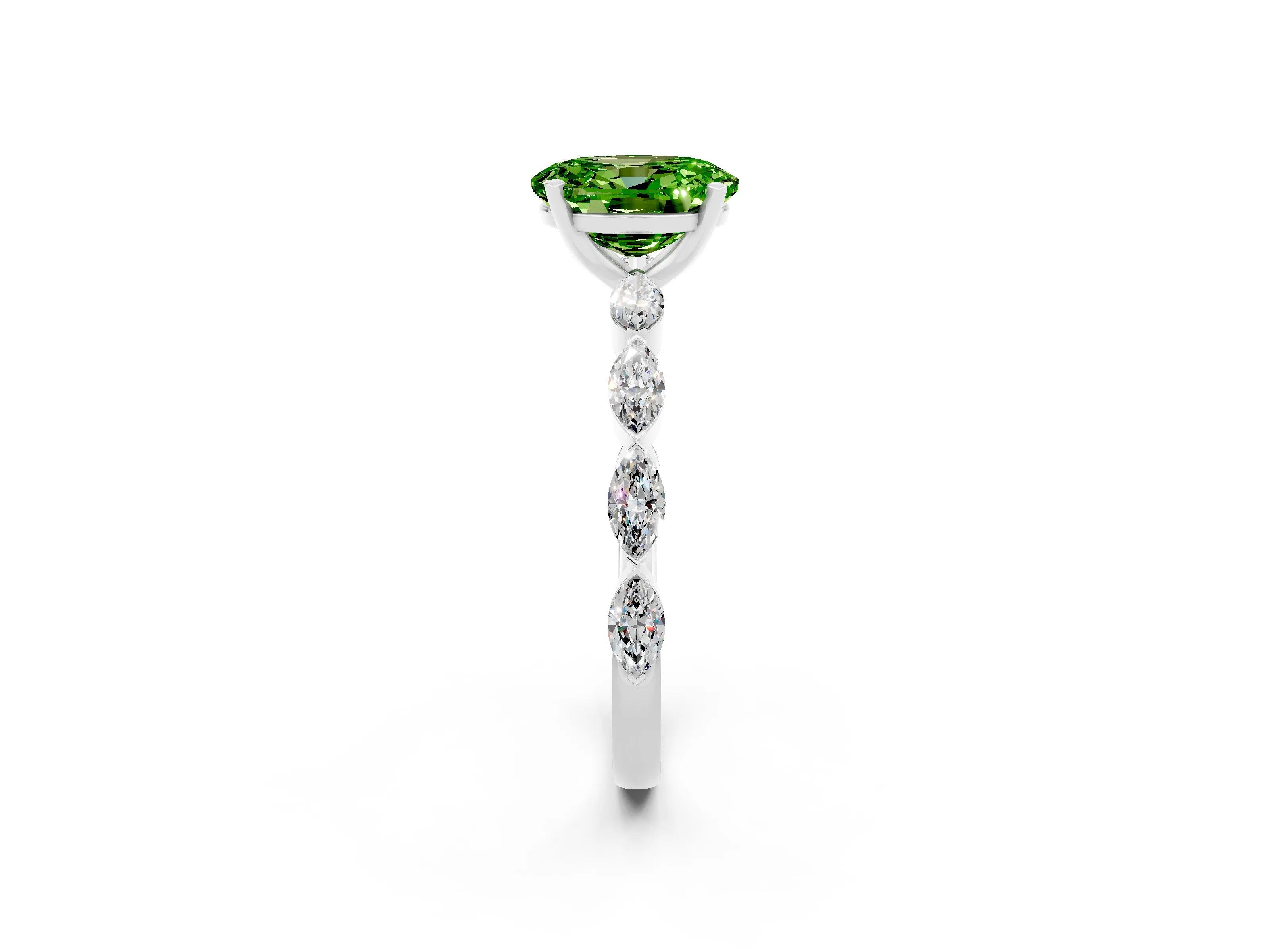 White gold Oval Cut Peridot Ring with Marquise Side Stones and Prong Setting_2