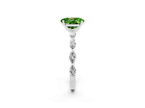 White gold Oval Cut Peridot Ring with Marquise Side Stones and Prong Setting_2
