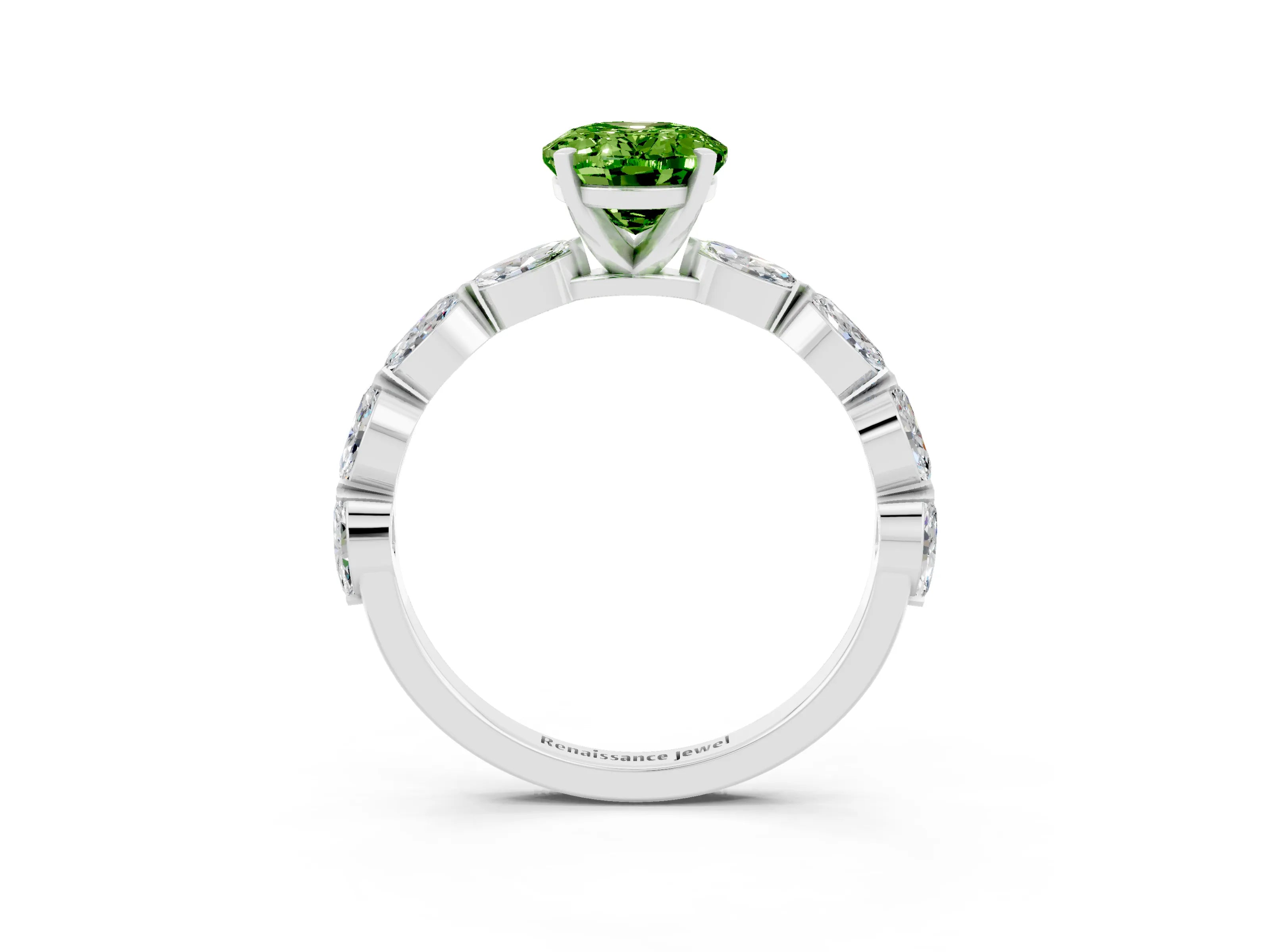 White gold Oval Cut Peridot Ring with Marquise Side Stones and Prong Setting_3