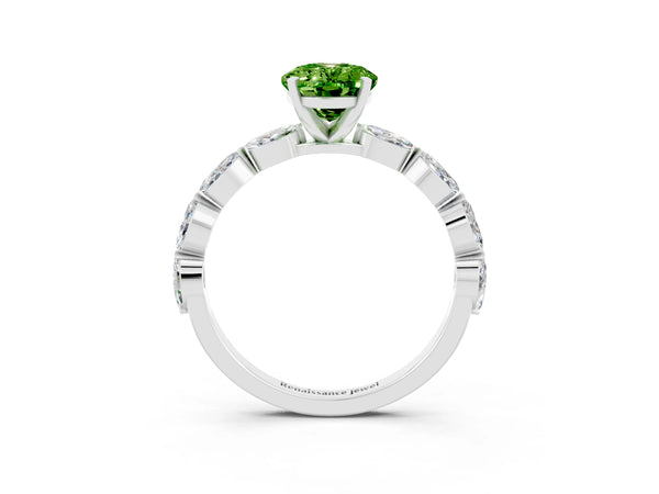 White gold Oval Cut Peridot Ring with Marquise Side Stones and Prong Setting