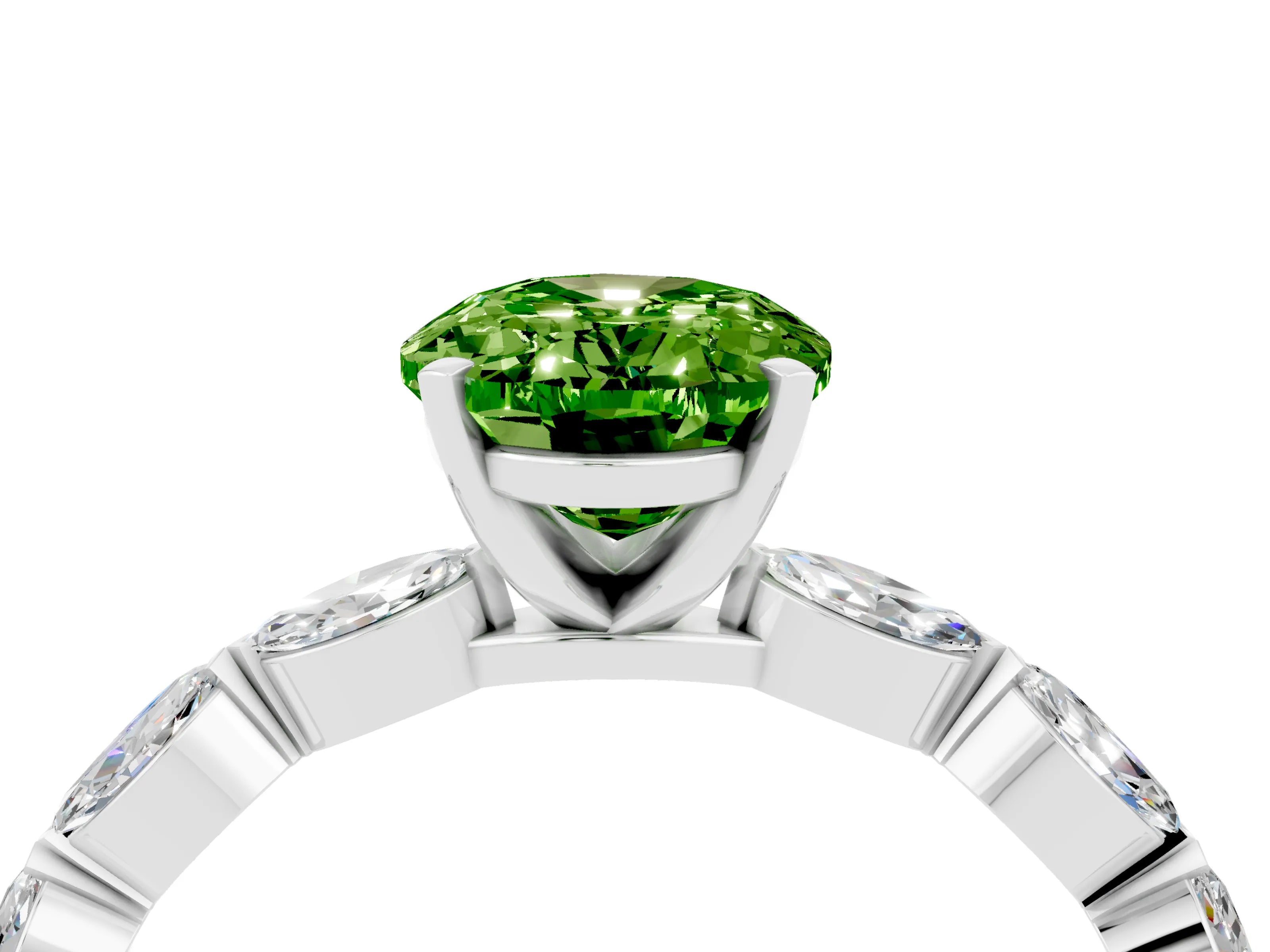 White gold Oval Cut Peridot Ring with Marquise Side Stones and Prong Setting_4