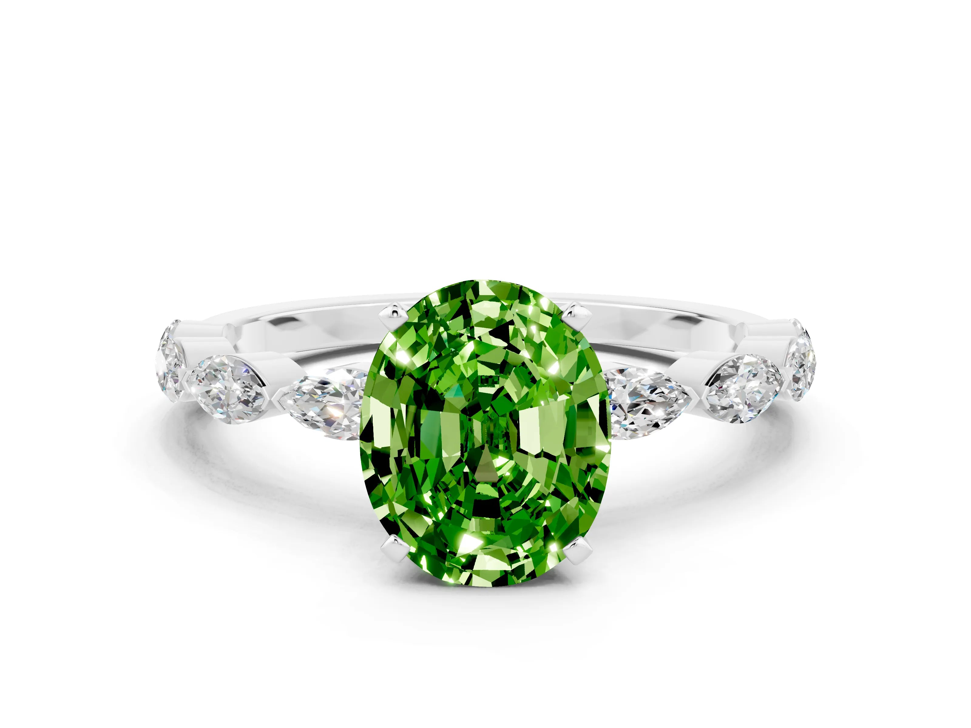 White gold Oval Cut Peridot Ring with Marquise Side Stones and Prong Setting