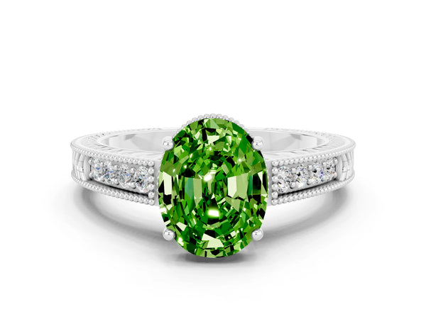 Platinum Oval Cut Peridot Ring with Milgrain Pavé Band and Four-Prong Setting