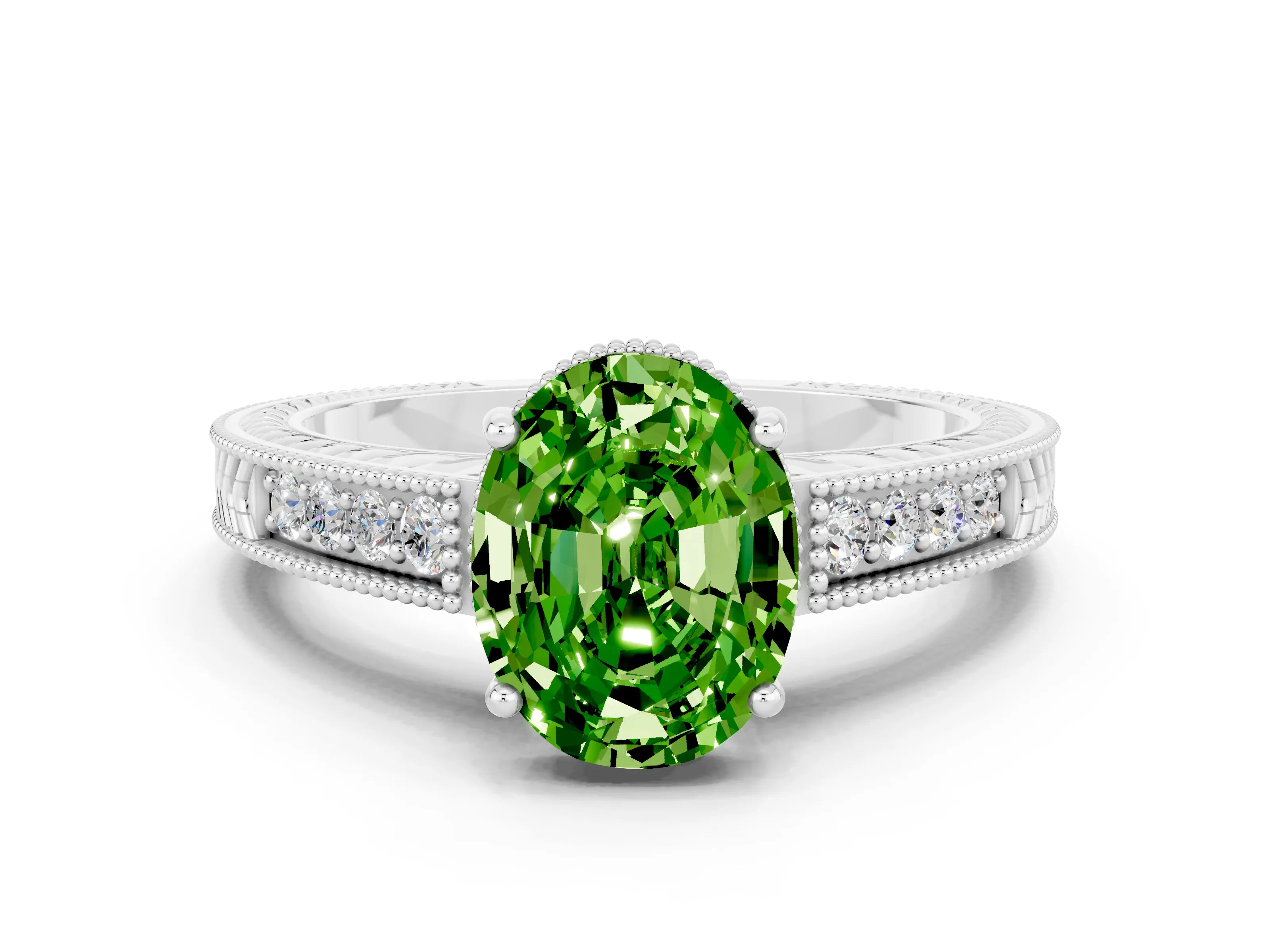 White gold Oval Cut Peridot Ring with Milgrain Pavé Band and Four-Prong Setting_12