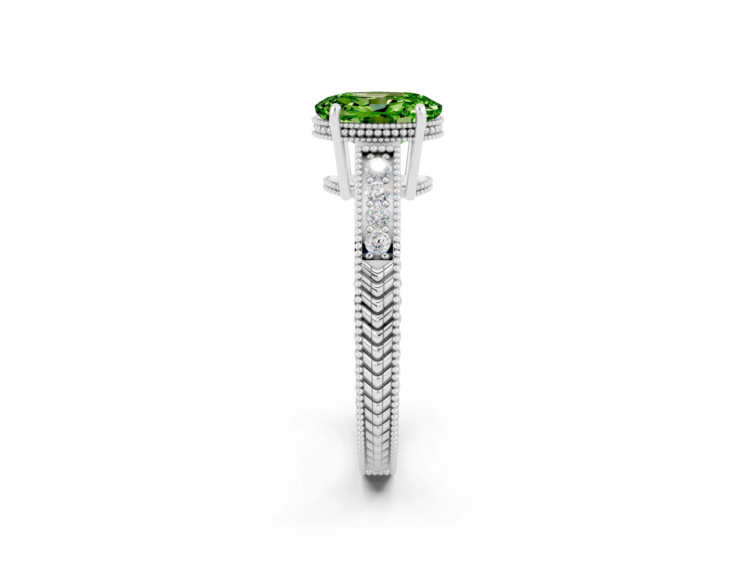 White gold Oval Cut Peridot Ring with Milgrain Pavé Band and Four-Prong Setting_14