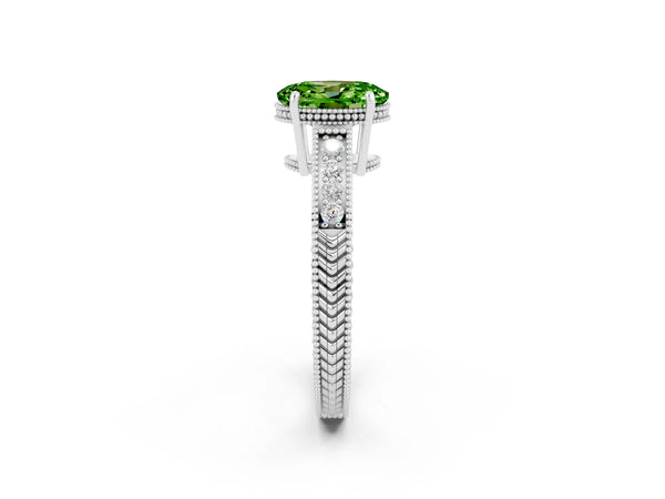 Platinum Oval Cut Peridot Ring with Milgrain Pavé Band and Four-Prong Setting