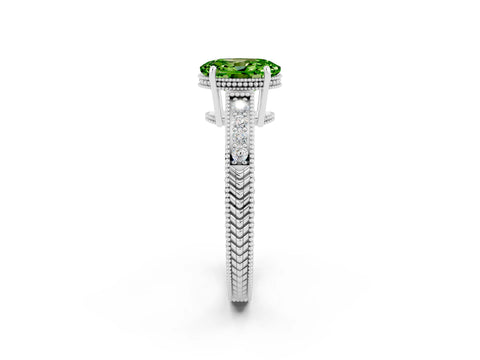 White gold Oval Cut Peridot Ring with Milgrain Pavé Band and Four-Prong Setting_14