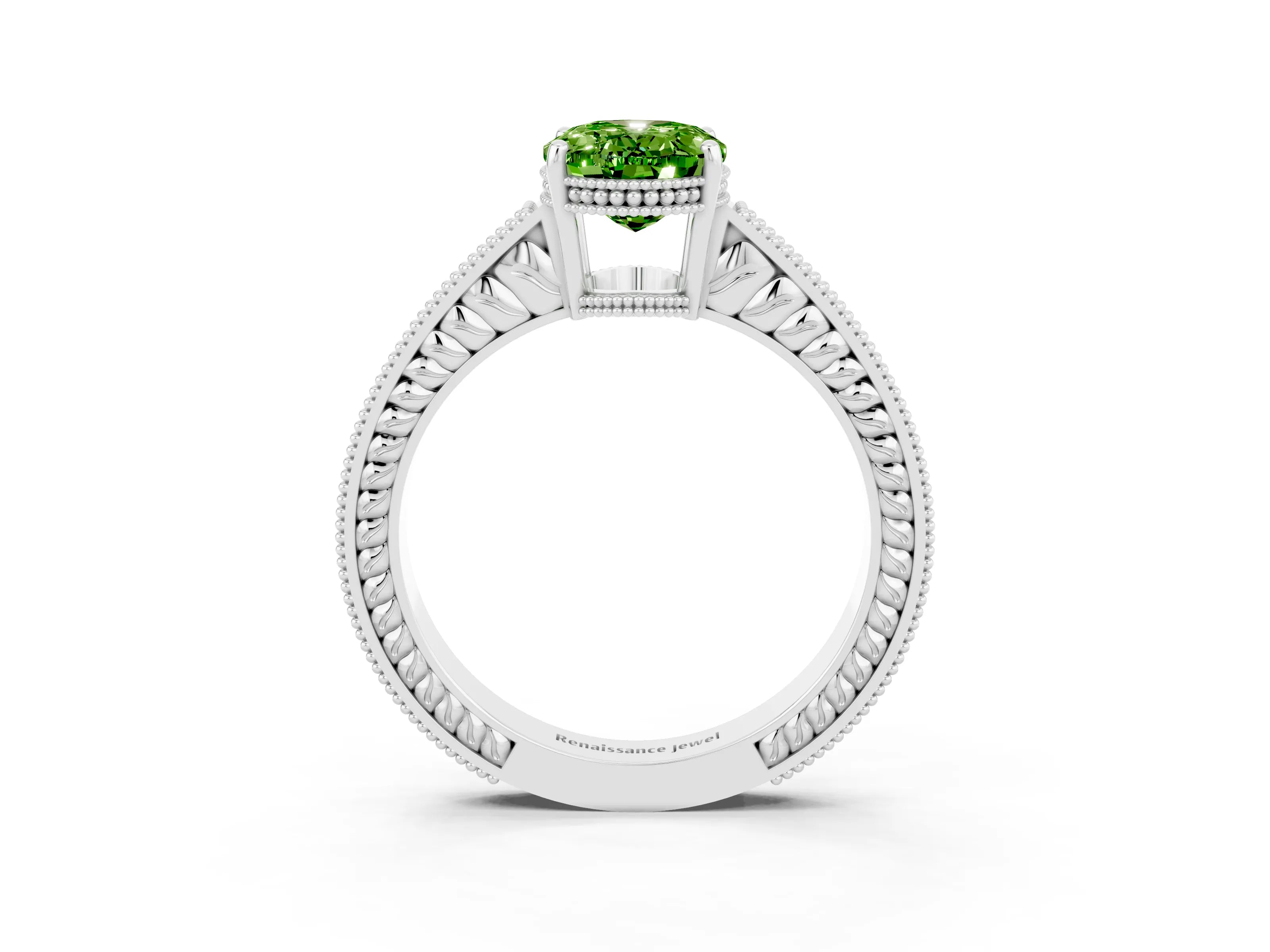 White gold Oval Cut Peridot Ring with Milgrain Pavé Band and Four-Prong Setting_15