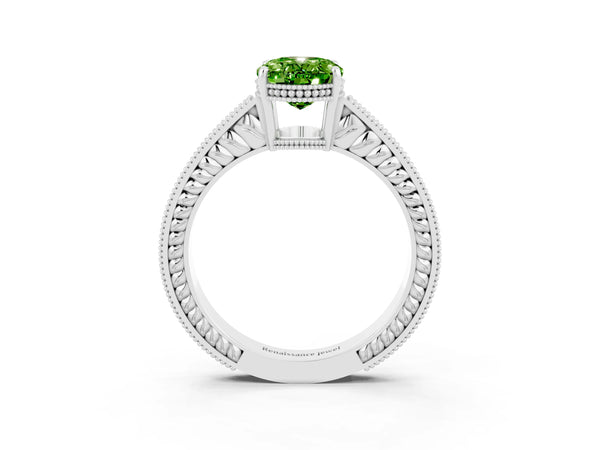 Silver Oval Cut Peridot Ring with Milgrain Pavé Band and Four-Prong Setting