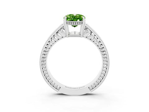 White gold Oval Cut Peridot Ring with Milgrain Pavé Band and Four-Prong Setting_15