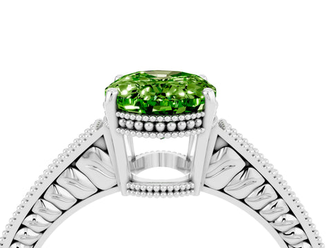White gold Oval Cut Peridot Ring with Milgrain Pavé Band and Four-Prong Setting_16
