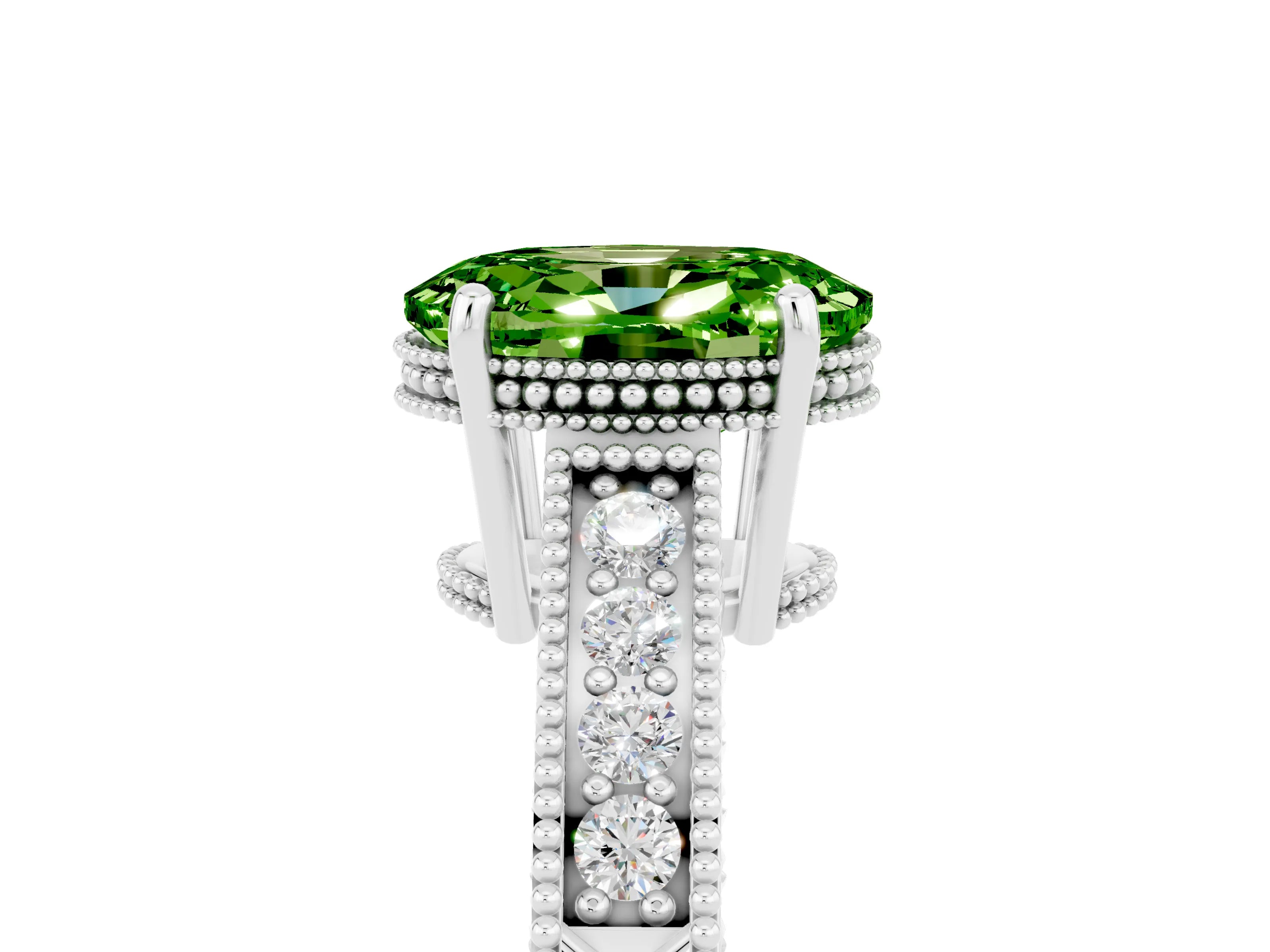White gold Oval Cut Peridot Ring with Milgrain Pavé Band and Four-Prong Setting_17