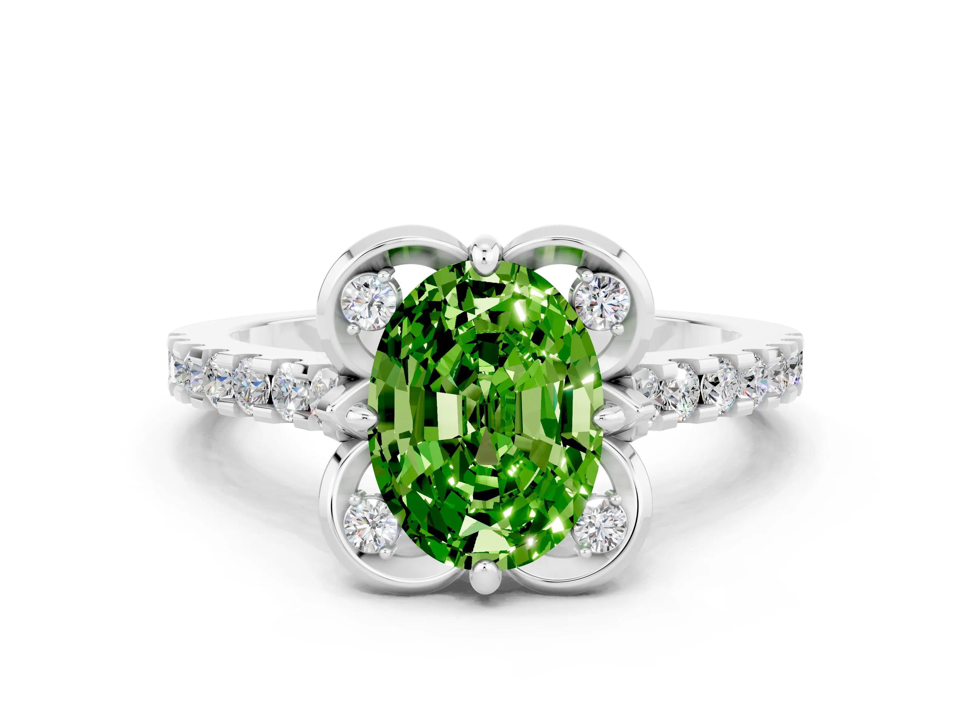 White gold Oval Cut Peridot Ring with Pavé Band and Floral Prong Setting