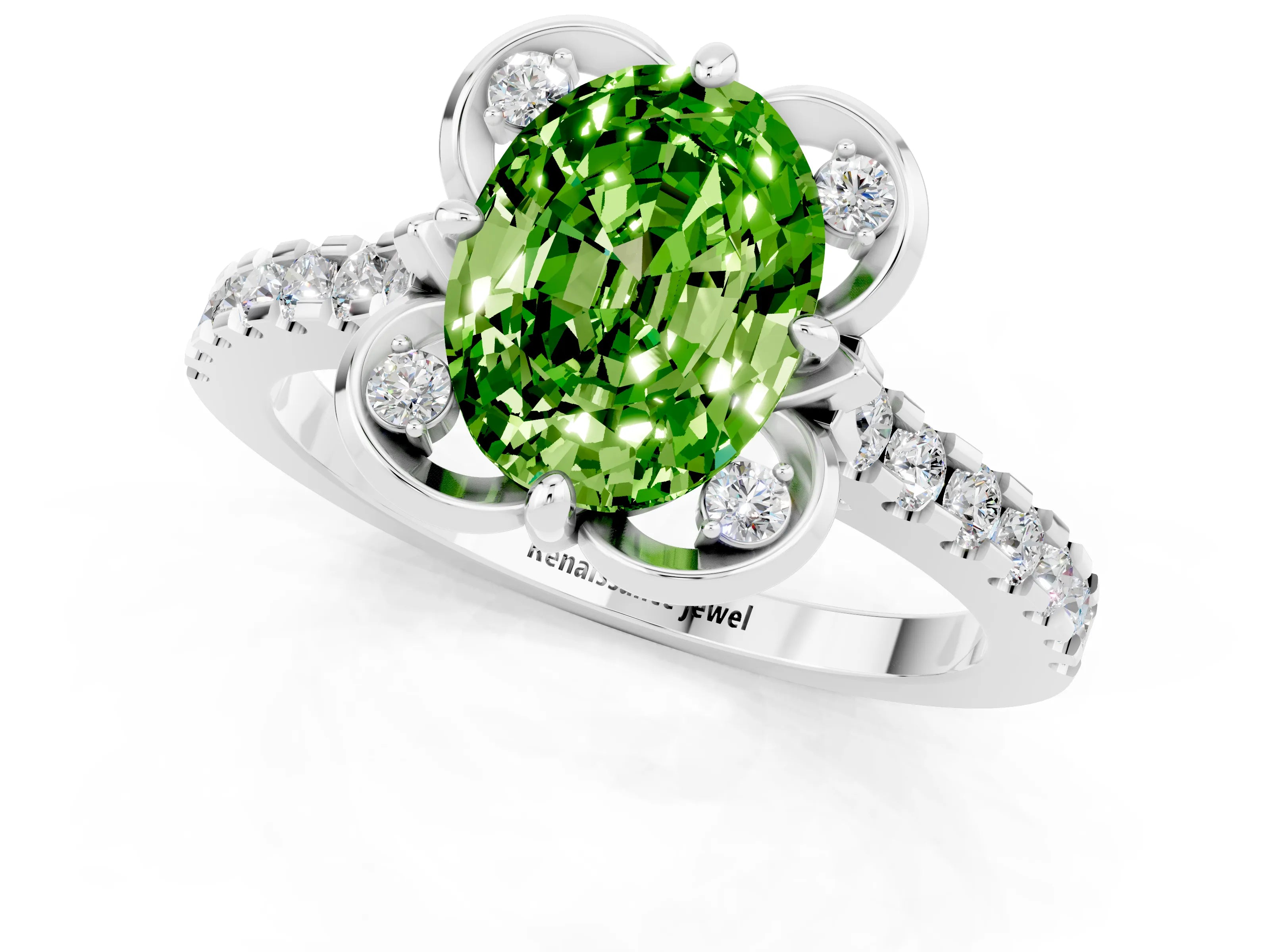 White gold Oval Cut Peridot Ring with Pavé Band and Floral Prong Setting_1