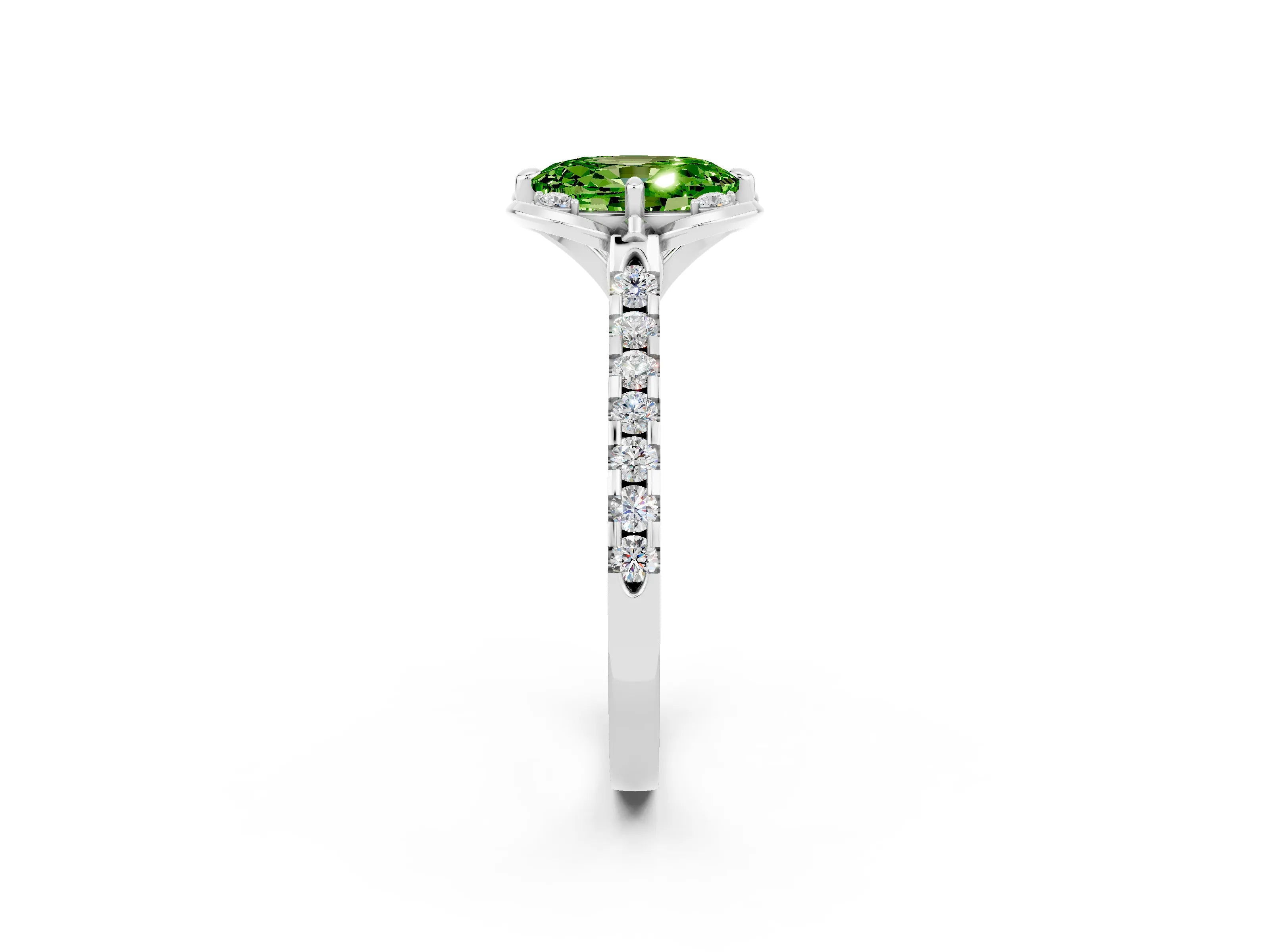 White gold Oval Cut Peridot Ring with Pavé Band and Floral Prong Setting_2