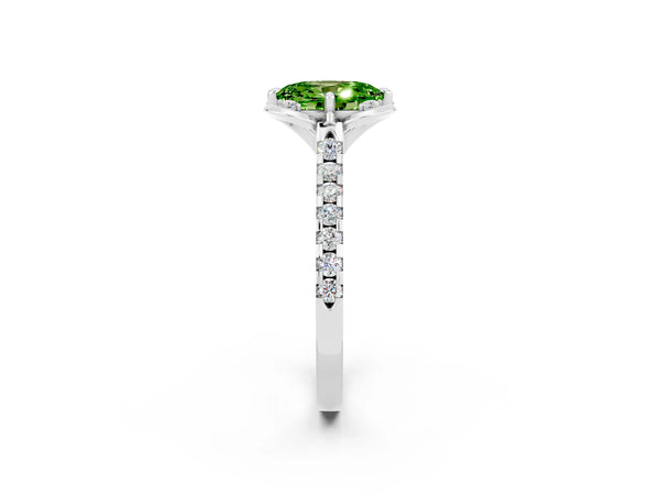 White gold Oval Cut Peridot Ring with Pavé Band and Floral Prong Setting
