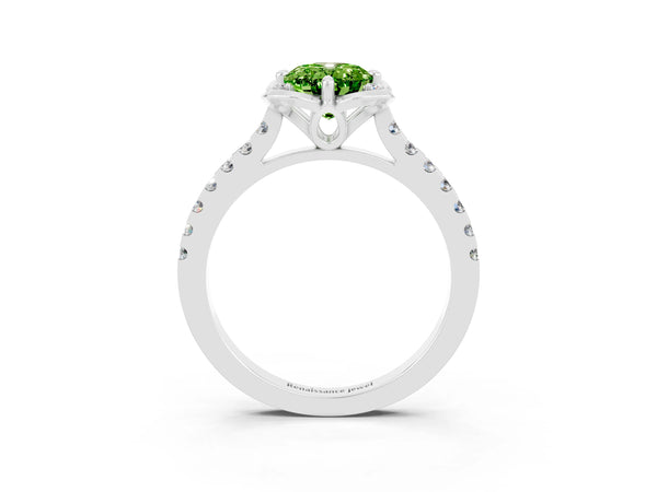 Platinum Oval Cut Peridot Ring with Pavé Band and Floral Prong Setting