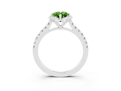 White gold Oval Cut Peridot Ring with Pavé Band and Floral Prong Setting_3