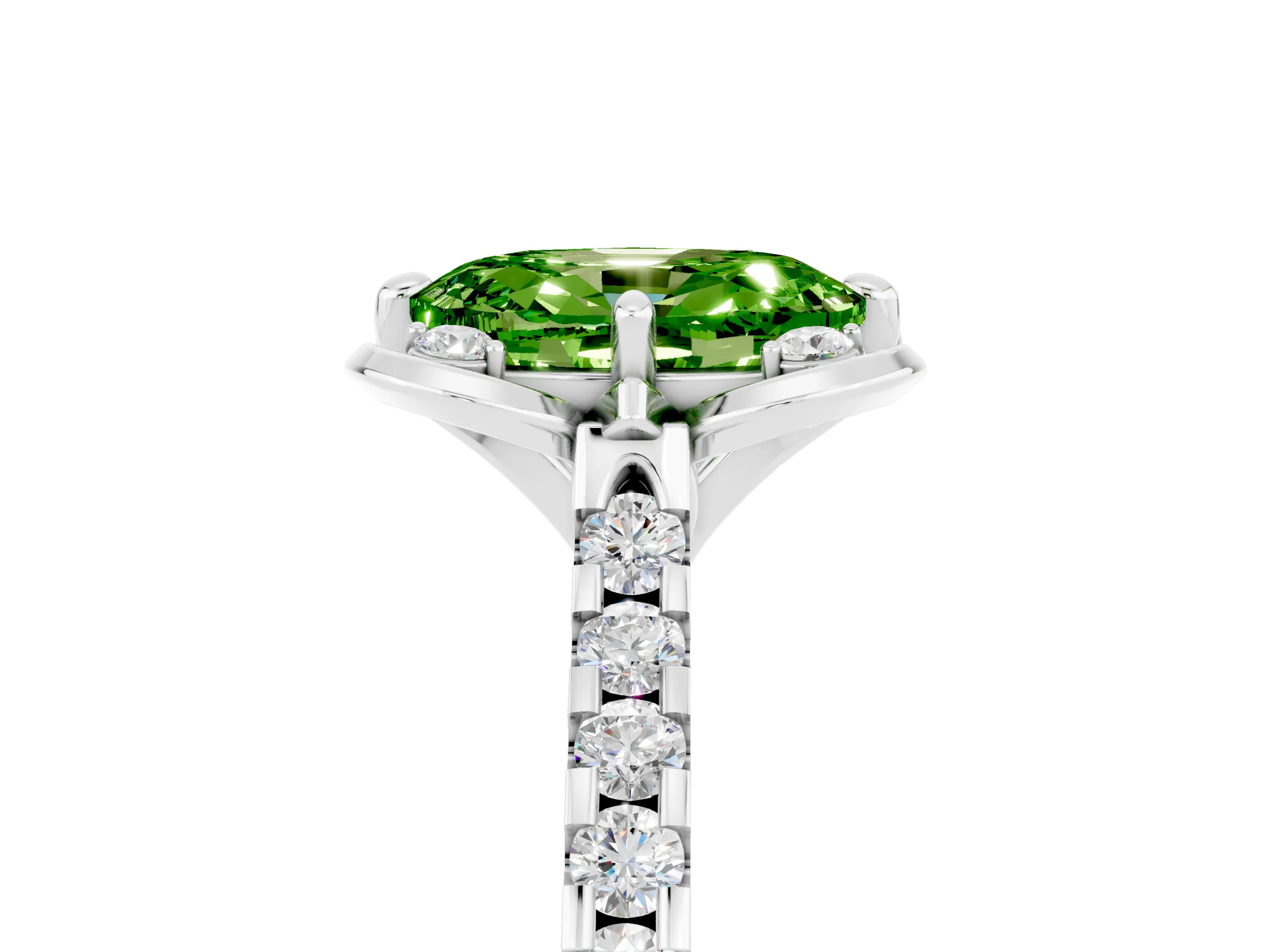 White gold Oval Cut Peridot Ring with Pavé Band and Floral Prong Setting_5