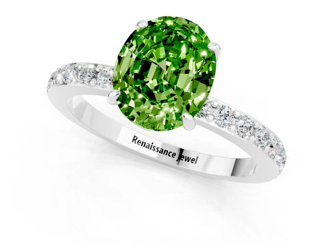 White gold Oval Cut Peridot Ring with Pavé Band and Four-Prong Setting_1