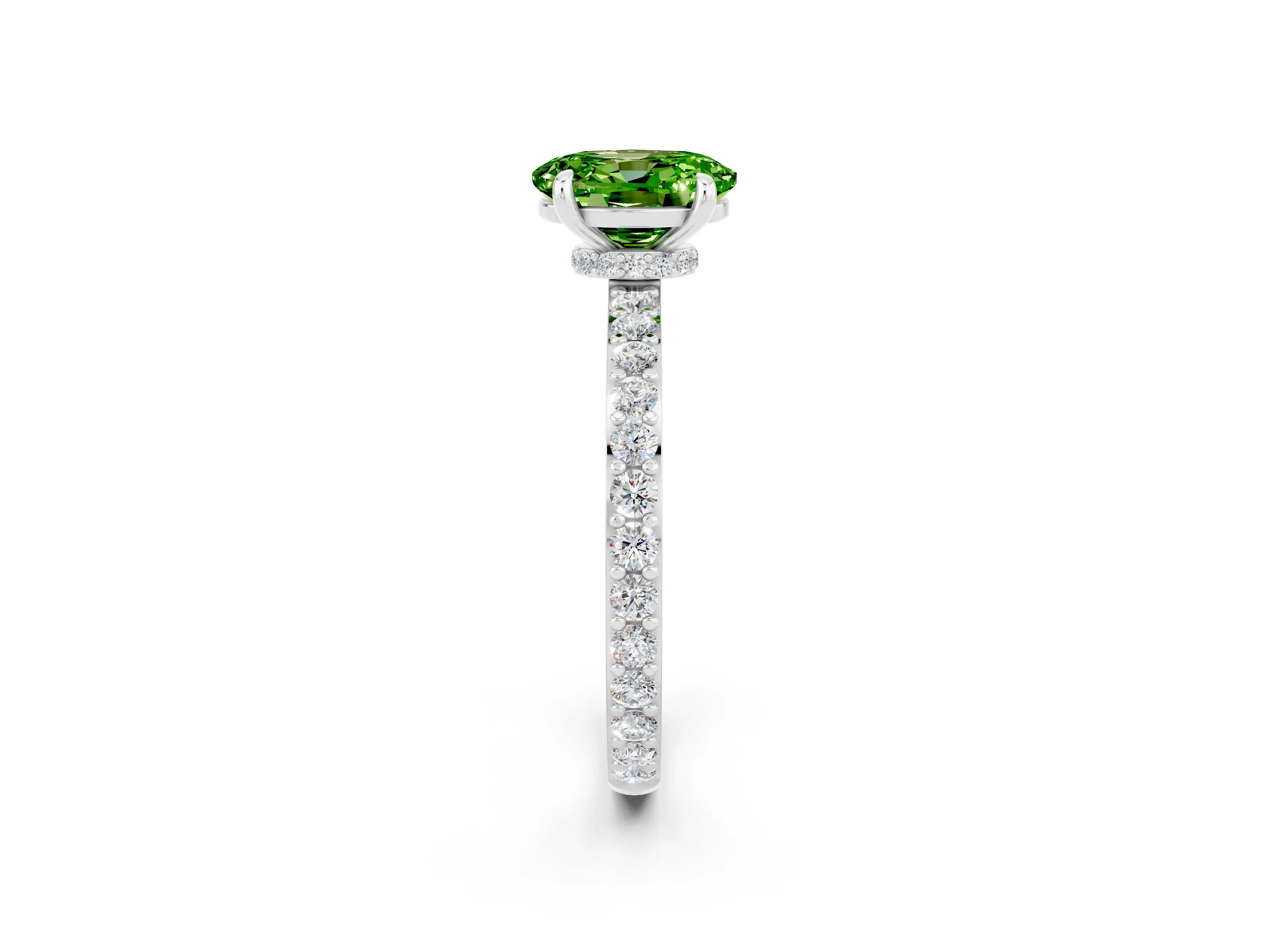 White gold Oval Cut Peridot Ring with Pavé Band and Four-Prong Setting_2