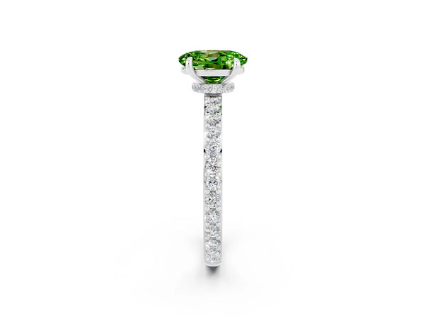 Silver Oval Cut Peridot Pavé Engagement Ring with Round  Accents and Prong Setting
