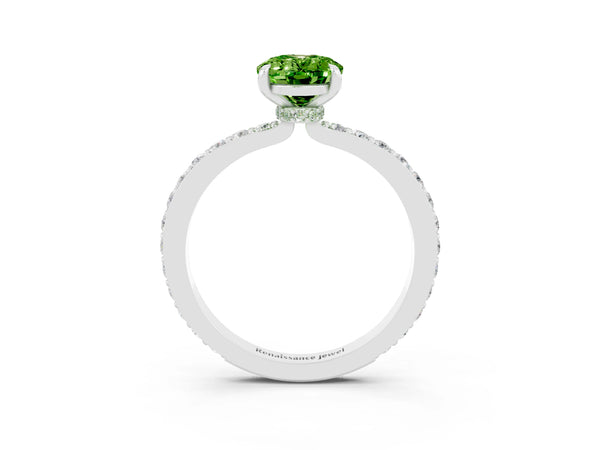 White gold Oval Cut Peridot Pavé Engagement Ring with Round  Accents and Prong Setting