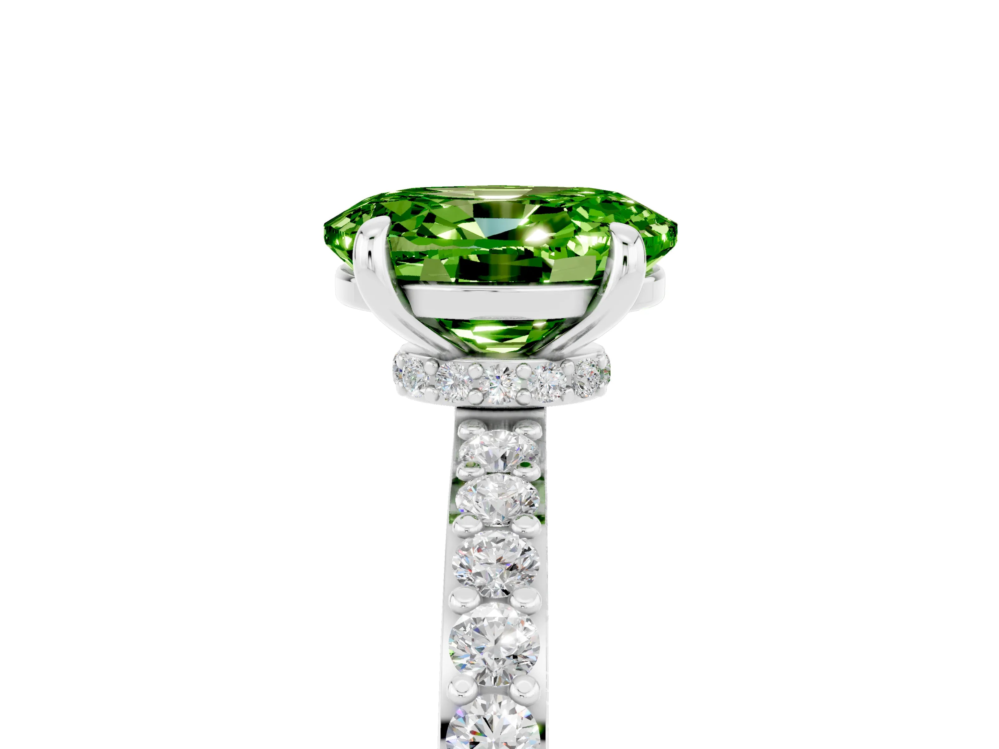 White gold Oval Cut Peridot Ring with Pavé Band and Four-Prong Setting_5