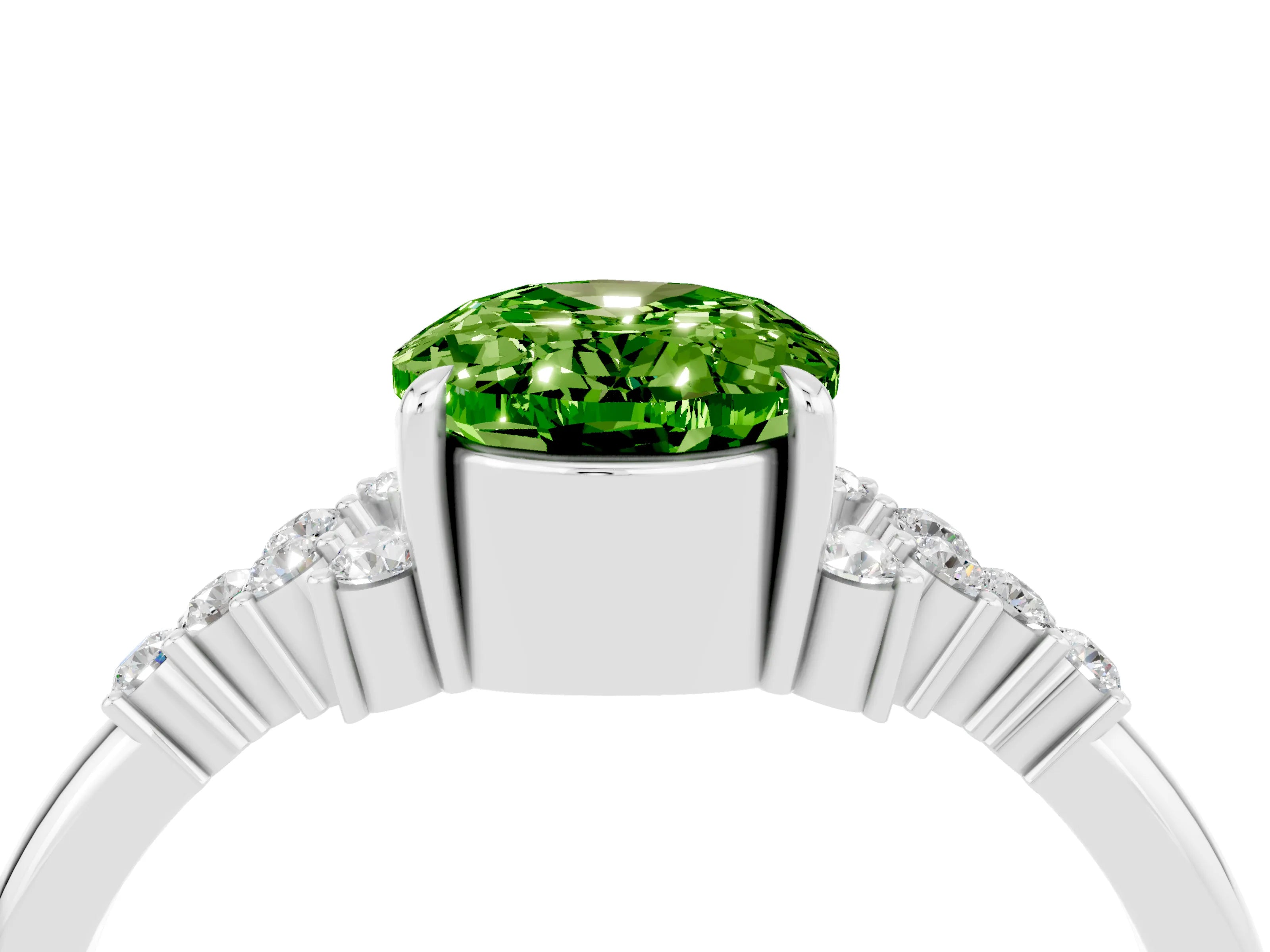 White gold Oval Cut Peridot Ring with Side Stones and Four-Prong Setting_100