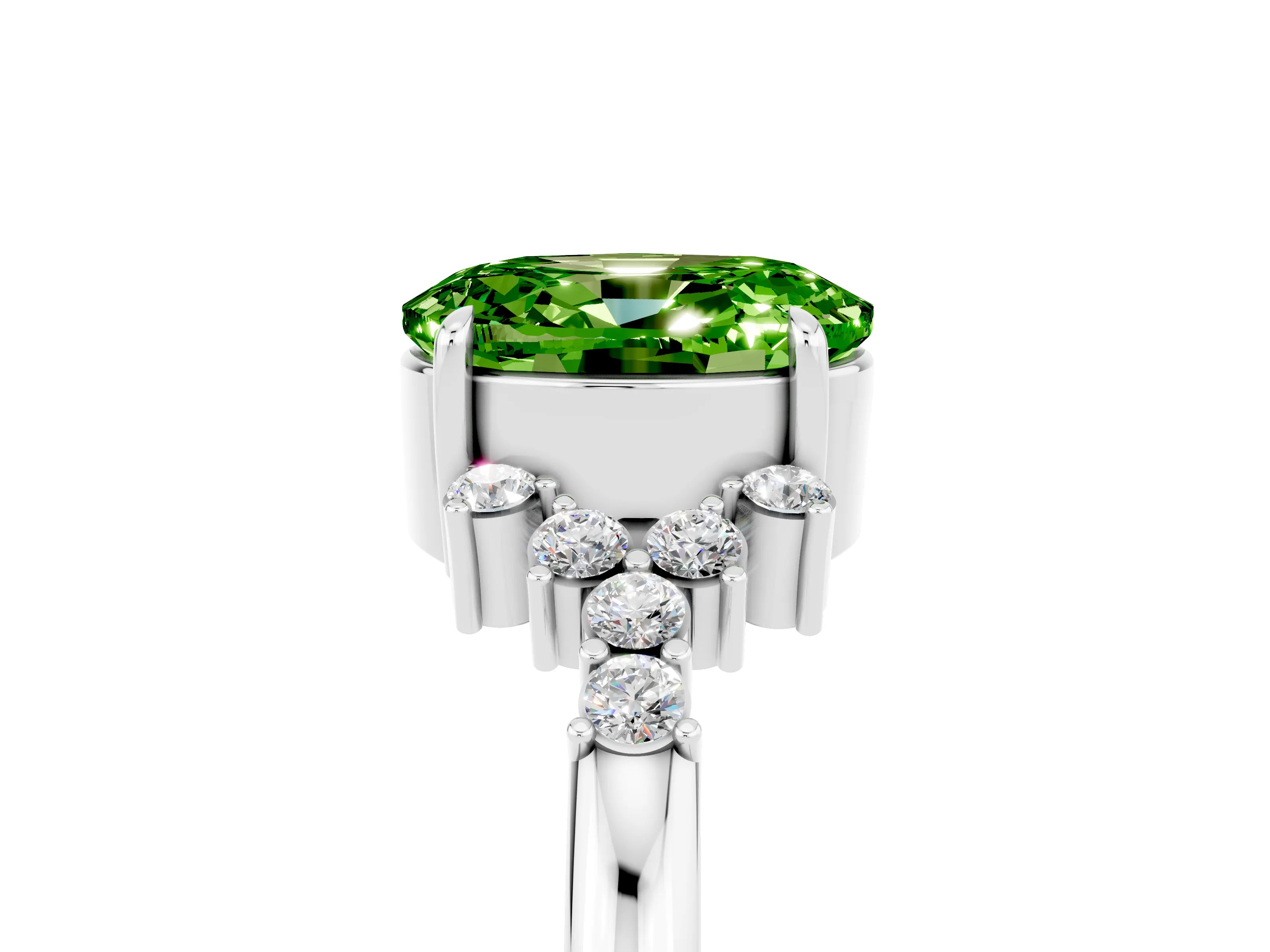 White gold Oval Cut Peridot Ring with Side Stones and Four-Prong Setting_101