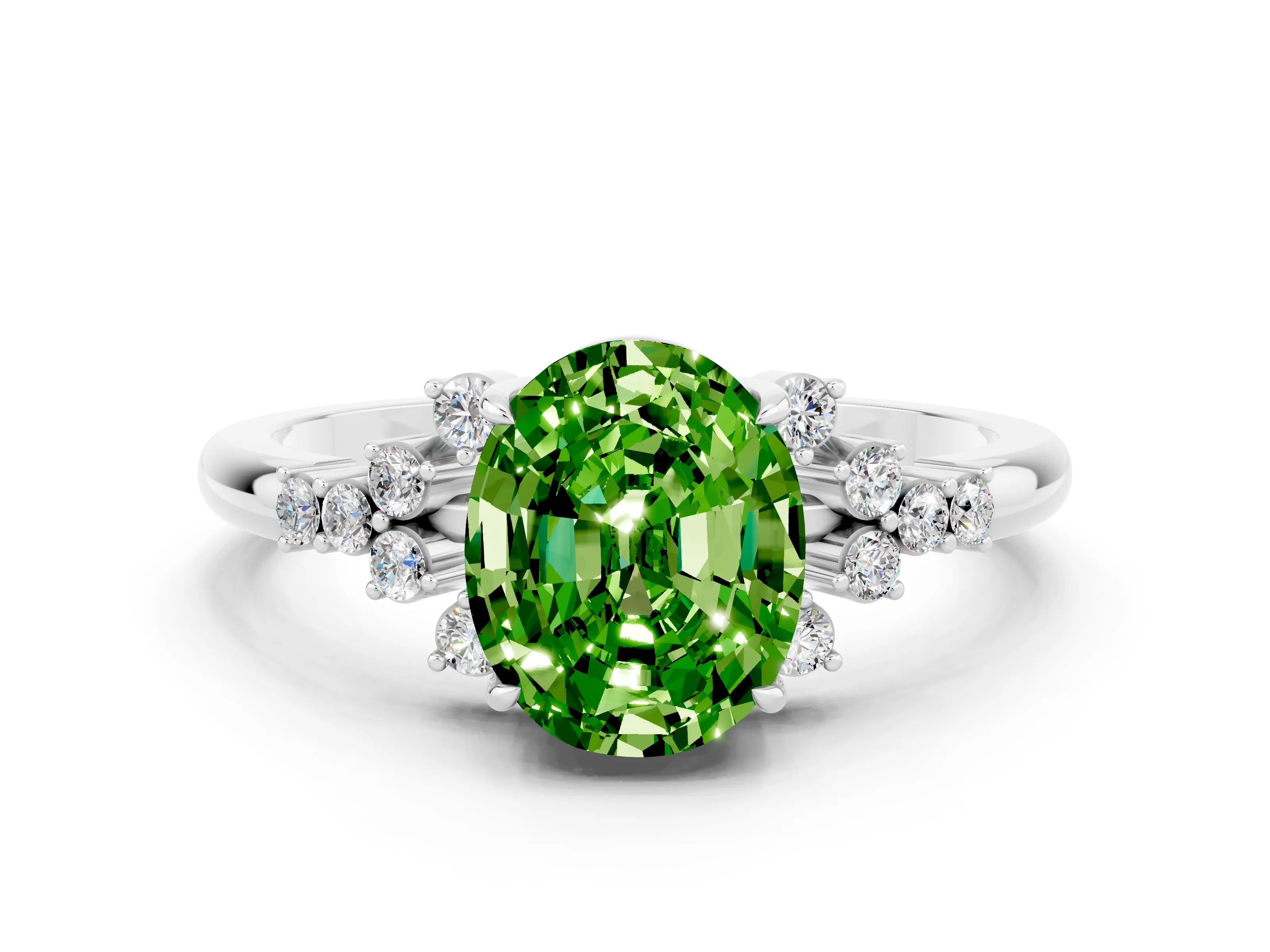 White gold Oval Cut Peridot Ring with Side Stones and Four-Prong Setting_96