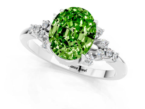White gold Oval Cut Peridot Ring with Side Stones and Four-Prong Setting_97