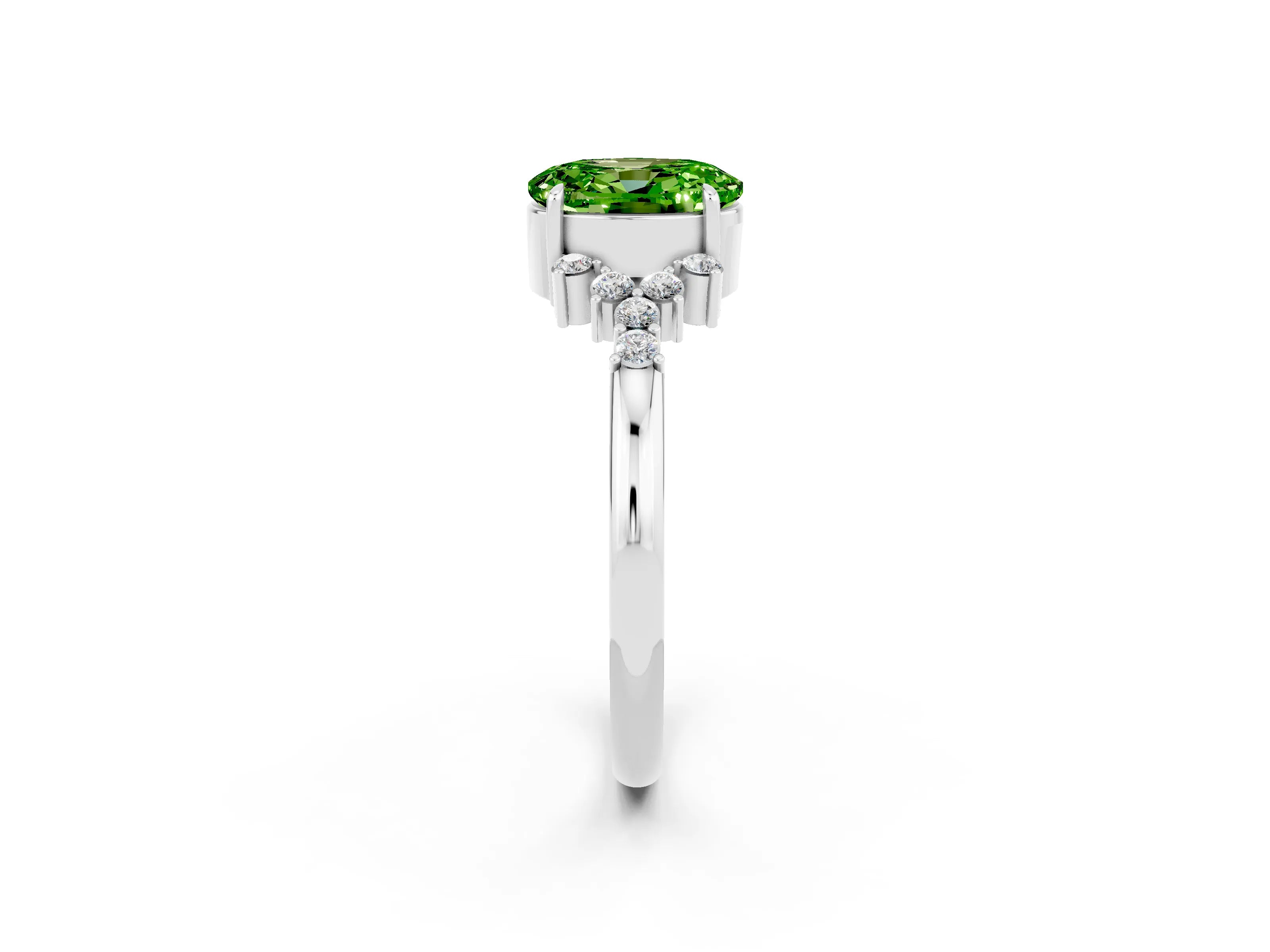 White gold Oval Cut Peridot Ring with Side Stones and Four-Prong Setting_98