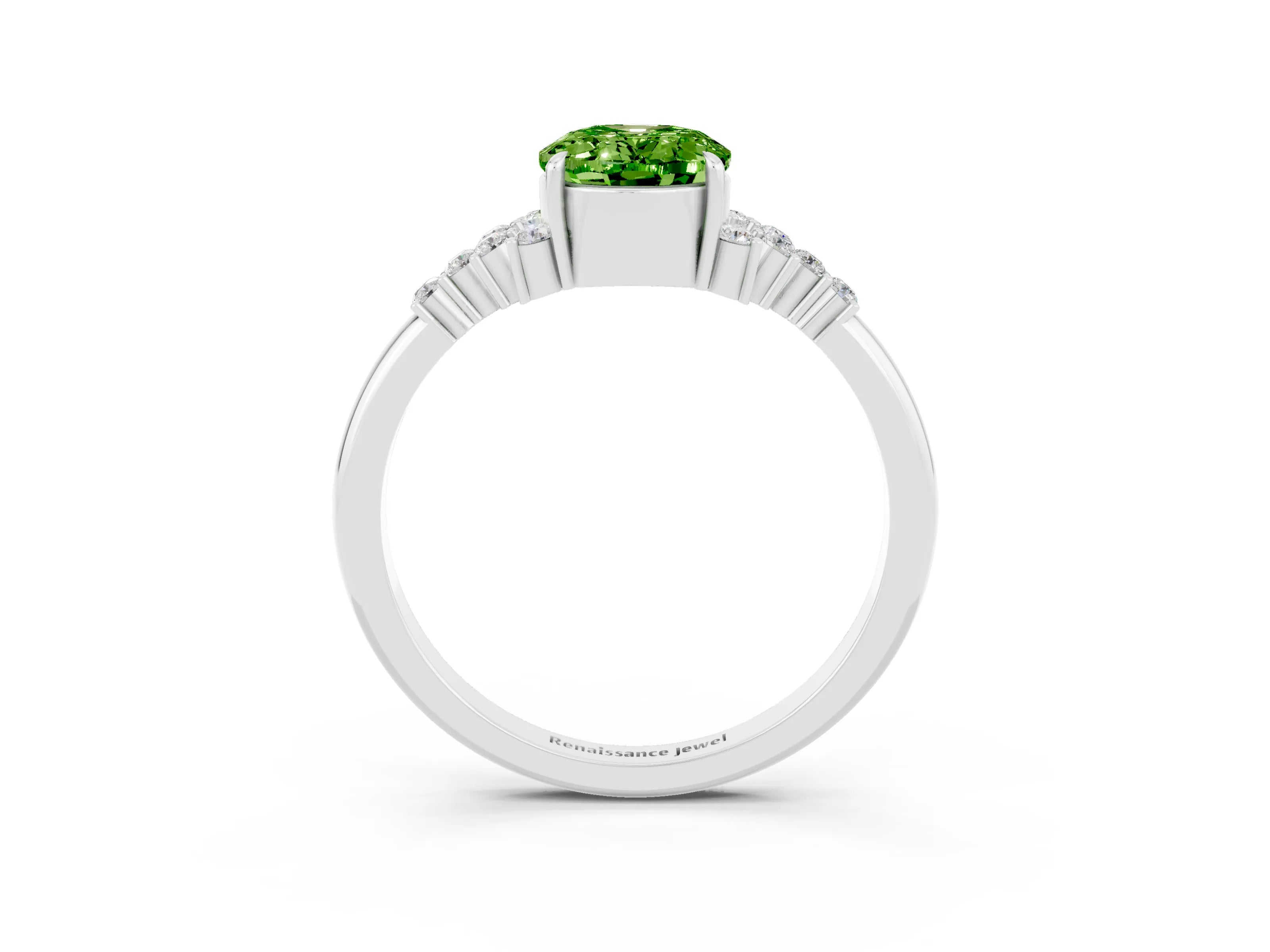 White gold Oval Cut Peridot Ring with Side Stones and Four-Prong Setting_99