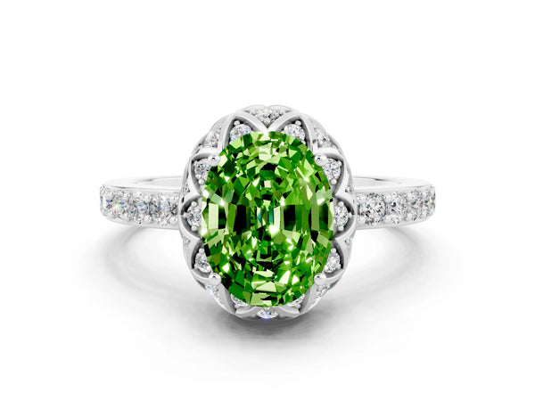Platinum Oval Cut Peridot Scalloped Halo Engagement Ring with Round Shared Prong Band