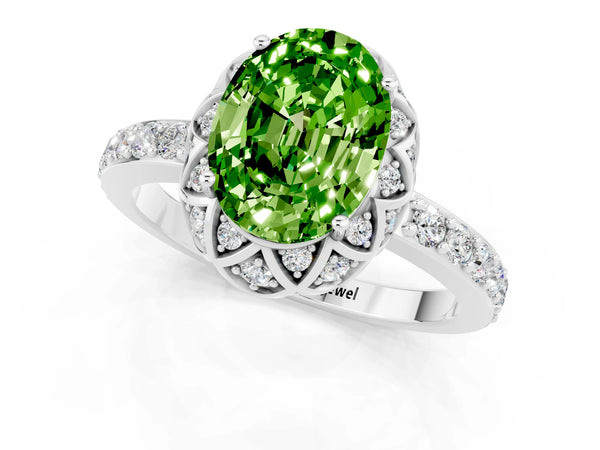 Platinum Oval Cut Peridot Scalloped Halo Engagement Ring with Round Shared Prong Band