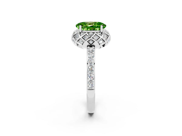 Platinum Oval Cut Peridot Scalloped Halo Engagement Ring with Round Shared Prong Band