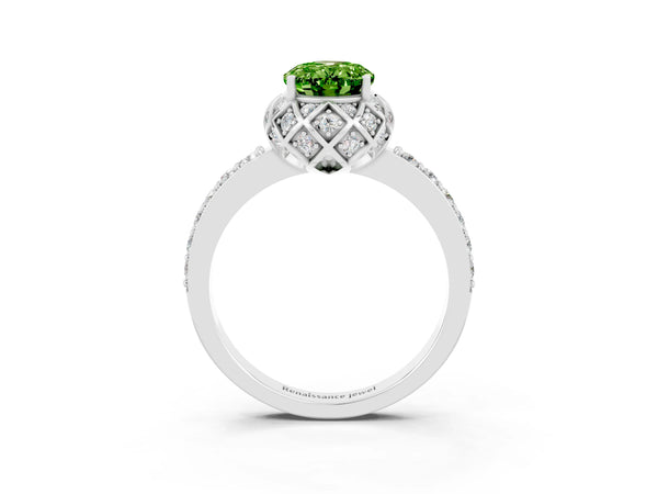 Platinum Oval Cut Peridot Scalloped Halo Engagement Ring with Round Shared Prong Band