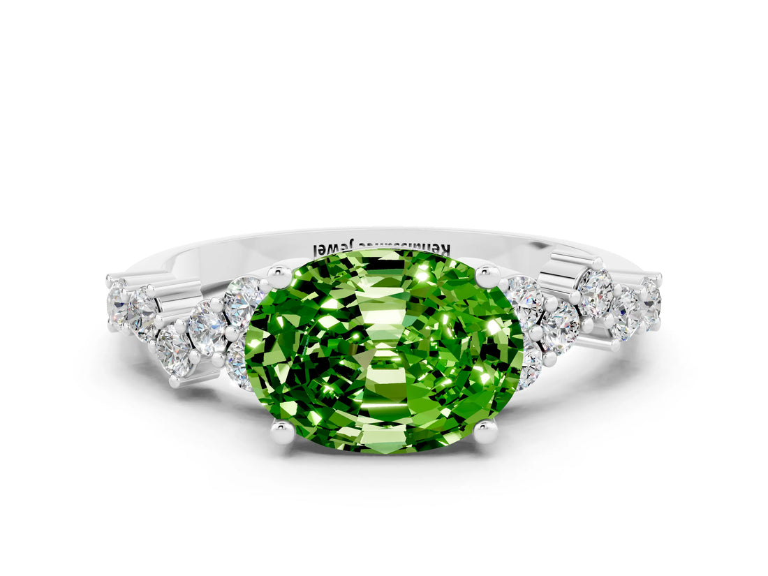 White gold Oval Cut Peridot Scattered Round Accent Ring with Prong Setting_24