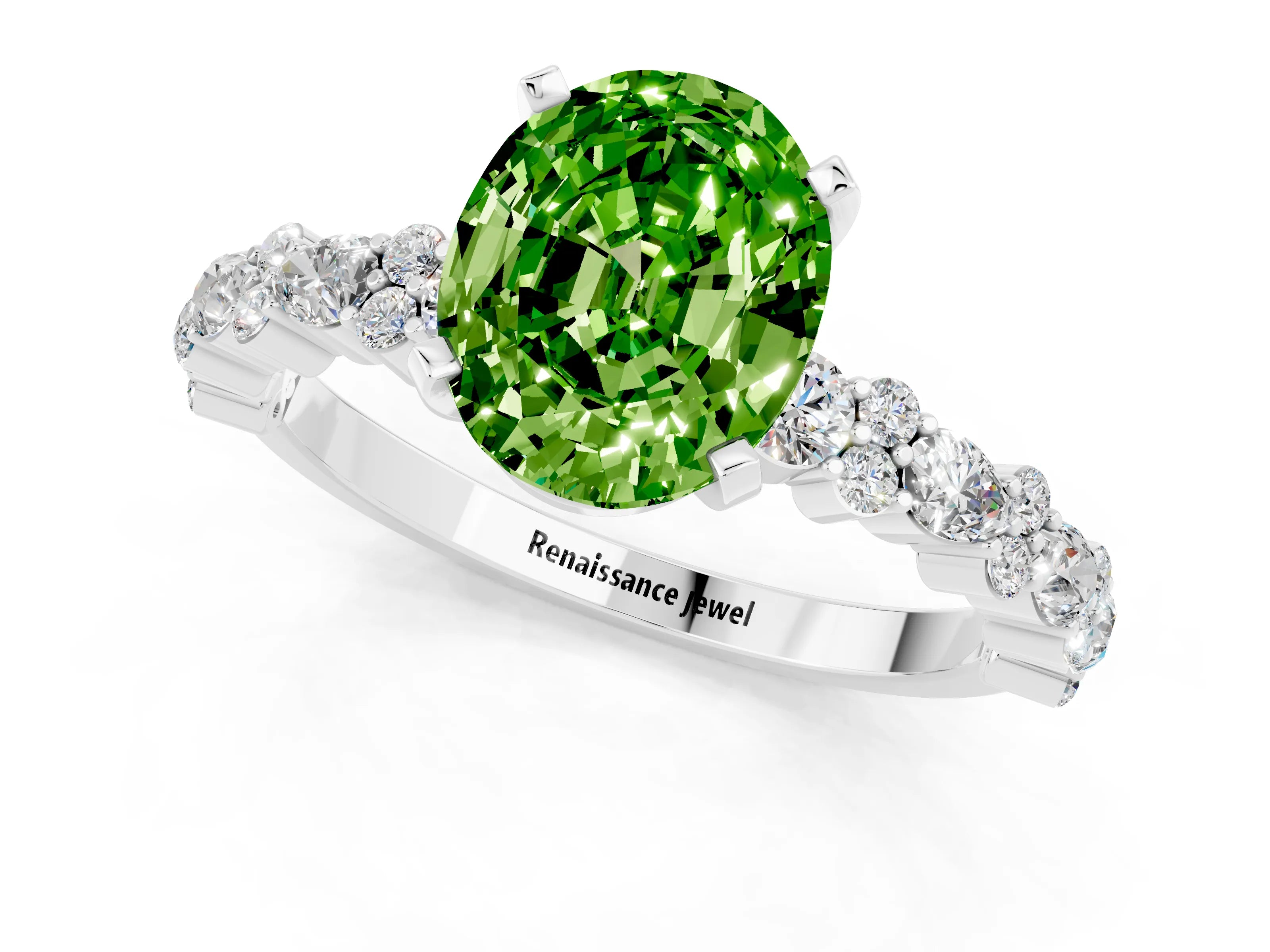 White gold Oval Cut Peridot Side Stone Solitaire Ring with Round  and Four-Prong Setting_49