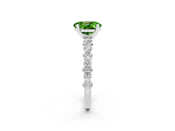 Platinum Oval Cut Peridot Side Stone Solitaire Ring with Round  and Four-Prong Setting