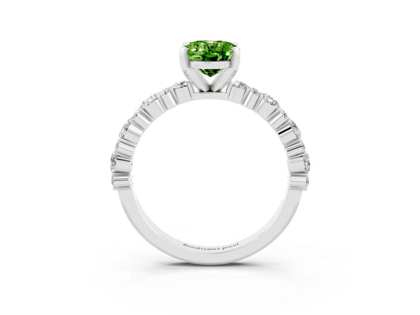 White gold Oval Cut Peridot Side Stone Solitaire Ring with Round  and Four-Prong Setting