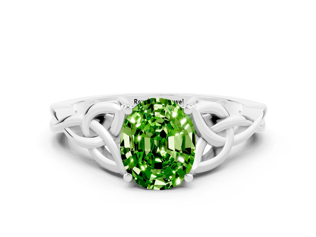 White gold Oval Cut Peridot Solitaire Celtic Knot Ring with Four-Prong Setting_12