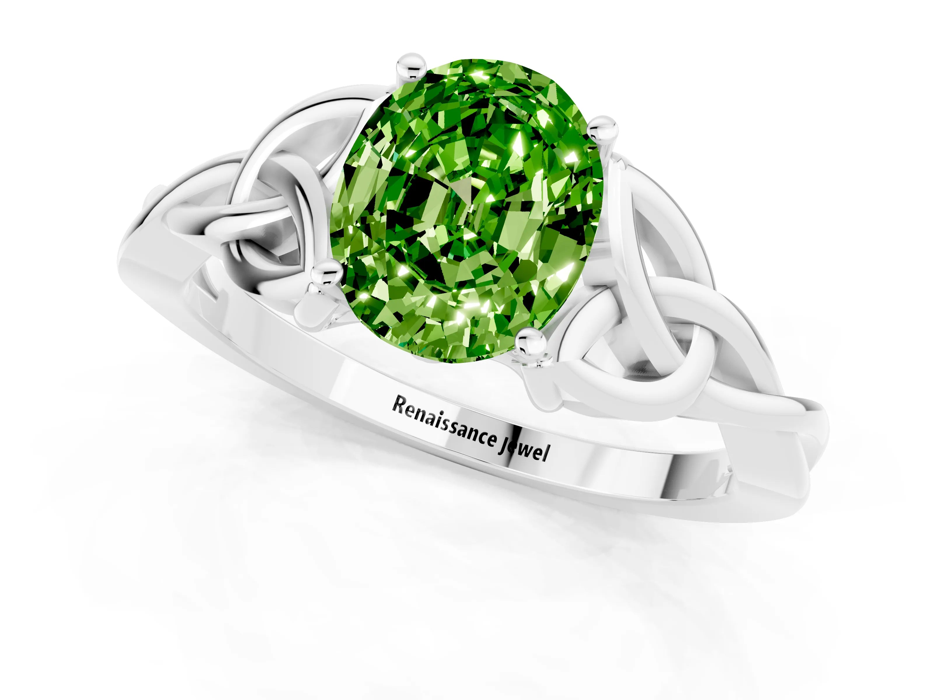 White gold Oval Cut Peridot Solitaire Celtic Knot Ring with Four-Prong Setting_13
