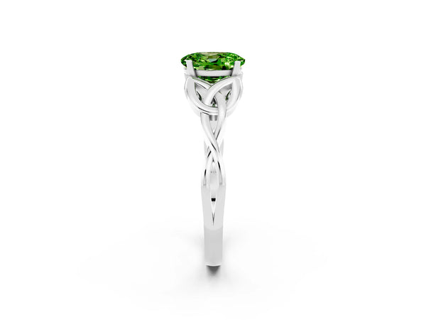 Platinum Oval Cut Peridot Solitaire Celtic Knot Ring with Four-Prong Setting