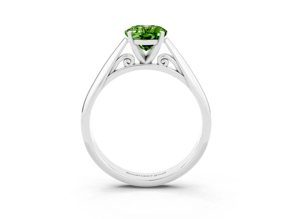 Platinum Oval Cut Peridot Solitaire Engagement Ring with Cathedral Setting and Four-Prong Mount