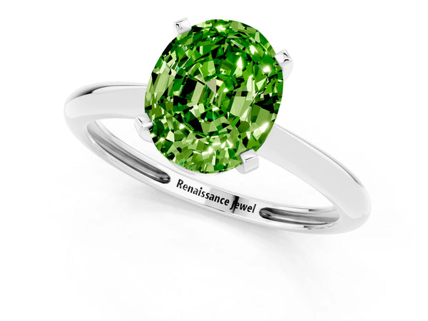 White gold Oval Cut Peridot Solitaire Engagement Ring with Classic Band and Four-Prong Setting